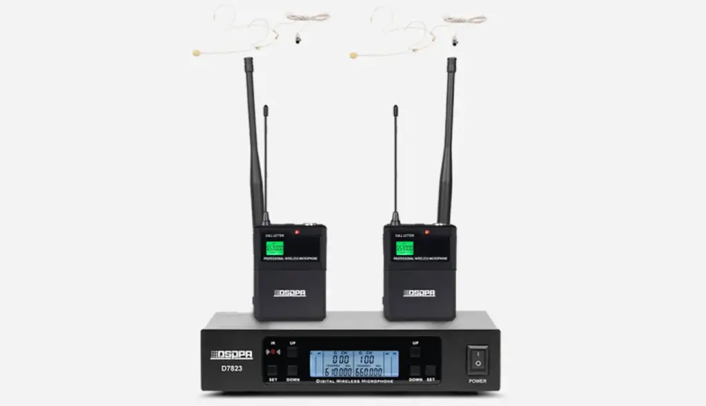 DSPPA True Diversity UHF Wireless Microphone System with 2 Headset Microphones and Bodypack Transmitters