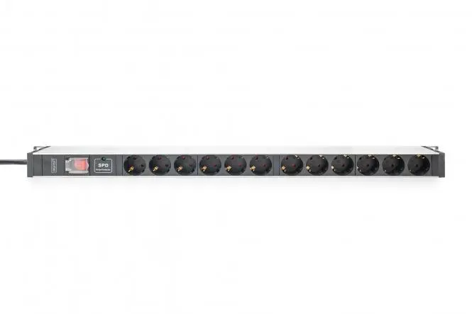 DIGITUS Socket strip with aluminum profile with switch and overvoltage protection, 12-way socket outlet with earthing contact, 2 m supply cable with earthing contact plug