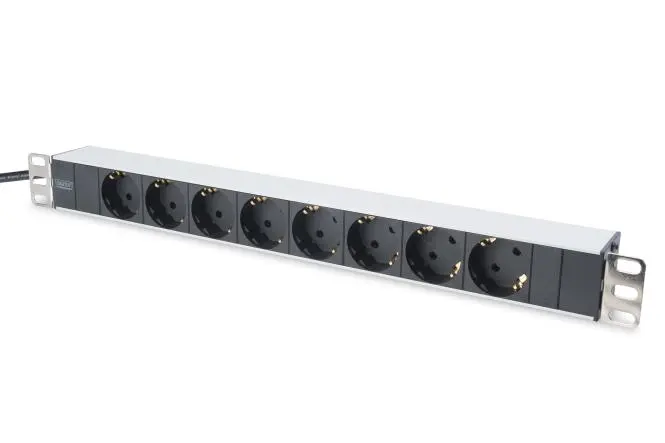 DIGITUS Multiple socket outlet with aluminum profile, 8-way socket outlet with earthing contact, 2 m supply cable with earthing contact plug